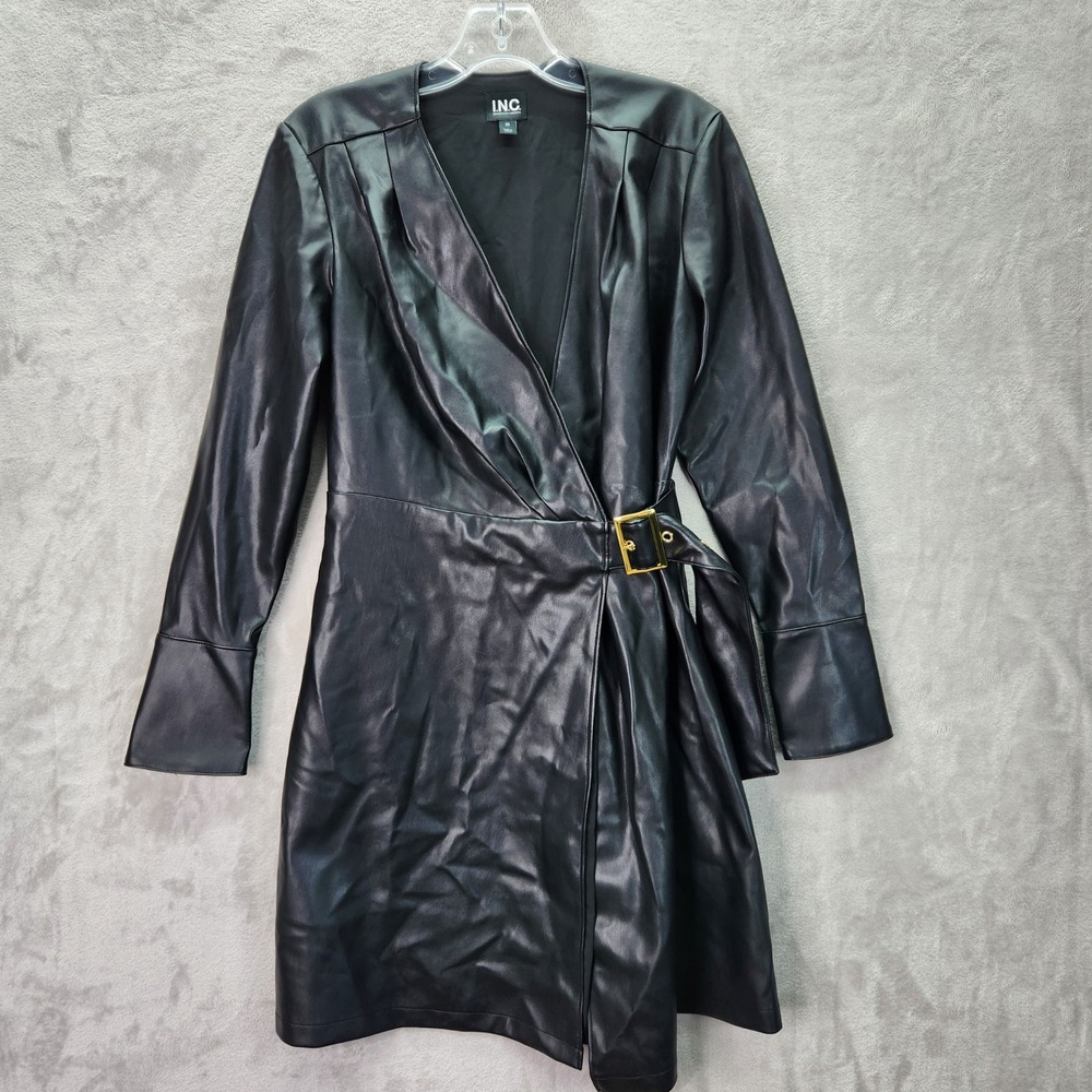 INC International Concepts Womens XS Black Faux Leather Wrap Dress Long Sleeve